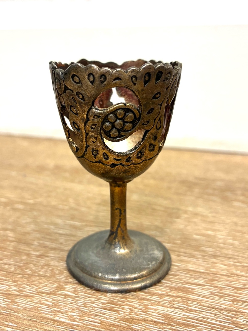 Vintage Metal Filigree Goblet Candle Holder Brass Tone Small Ornate
